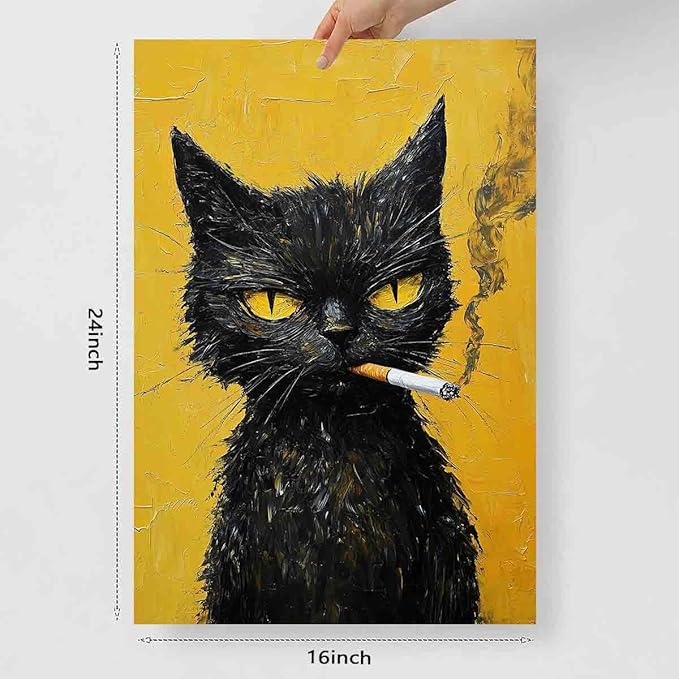 Black Cat Canvas Wall Art Smoking Cat Picture Abstract Animals Prints Vintage Cats Poster Retro Animal Prints Animal Portrait Painting Funny Cats Posters Funky Living Room Decor 16x24inch No Frame