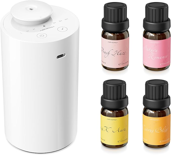 Airversa Waterless Essential Oil Diffuser Starter Kit with 4 x 10mL Fragrance Scent Oil, Battery Operated Mini Scent Air Machine Portable Diffuser for Home Car Office, AN6 White Kit01