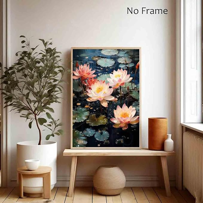 Pink Lotus Painting Zen Lotus Picture Water Lilies Painting Pink Flower Artwork Summer Flowers Picture Summer Landscape Canvas Zen Meditation Art Water Lily Poster Living Room Decor 16x24inch No Frame