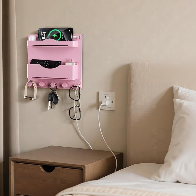 JUMEIHUI Bedside Shelf Accessories Organizer with Glasses Hooks, Wall Mount Self Stick On, Cute Room Decor Aesthetic, Girls Room Decor with 50 PCS Motivational Text Graffiti Stickers (Pink)