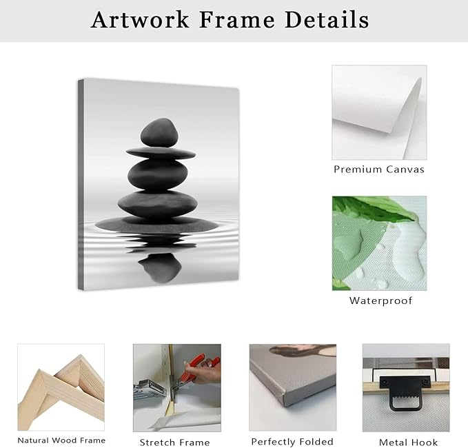 LZIMU Black and White Zen Wall Art Stones in Water Pictures Print on Canvas for Bathroom Yoga Meditation Spa Room Living Room Bedroom Wall Decorations Framed (Zen-1, 12"x18" (30x45cm))
