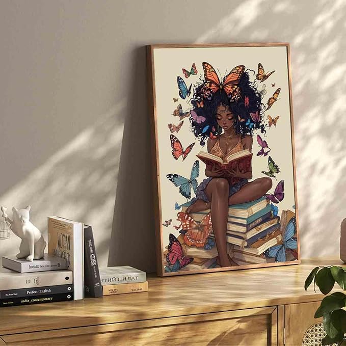 Black Girl Reading Poster African American Artwork Boho Butterfly Painting Black Girl Art Prints Vintage Reading Picture Inspiring Wall Reading Book Print African Minimalist Posters 16x24inch No Frame