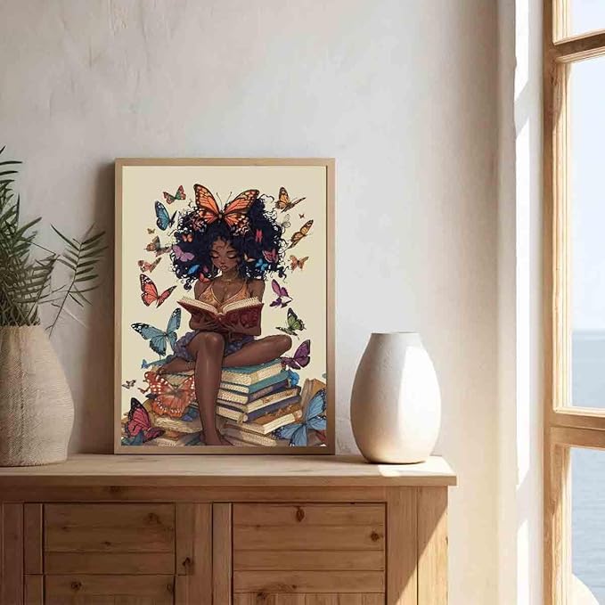 Black Girl Reading Poster African American Artwork Boho Butterfly Painting Black Girl Art Prints Vintage Reading Picture Inspiring Wall Reading Book Print African Minimalist Posters 16x24inch No Frame