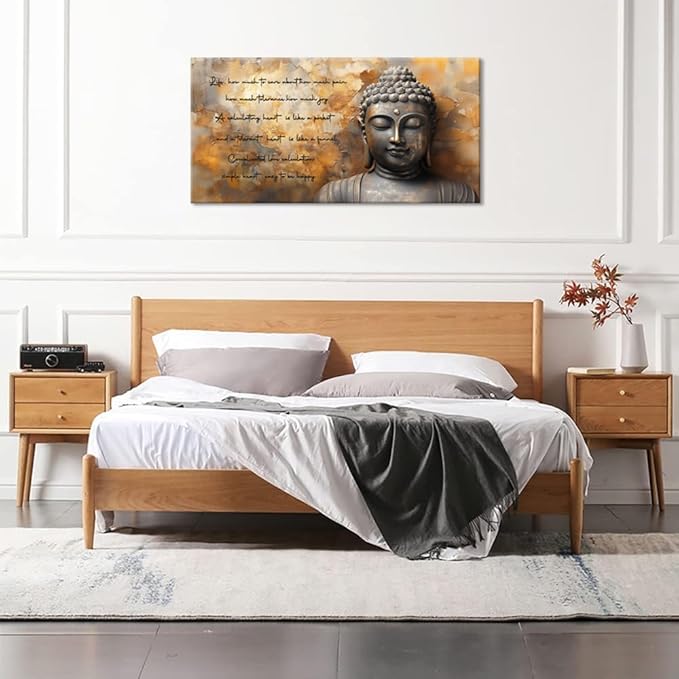 ZESTRILIA Zen Buddha Wall Art for Living Room Office Tan Brown Buda Life Quotes Canvas Painting Prints Calming Buddhist Artwork Family Bedroom Decor (40x20 Inches)