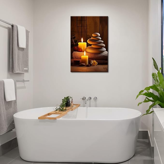 GLOKAKA Zen Spa Wall Art Meditation Room Wall Decor Massage Stones with Atmospheric Candles Relax/Calm Canvas Print Artwork for Living Room, Bedroom, Bathroom Decor