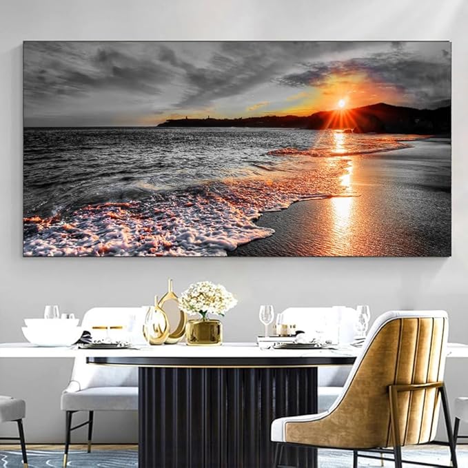 Yxbhhym-Large Canvas Wall Art Living Room Black and White Beach Wall Decor for Bedroom Landscape Ocean Room Decor Sea Sunset Paintings Seascape Prints Art Office Artwork Morden Framed Decorations