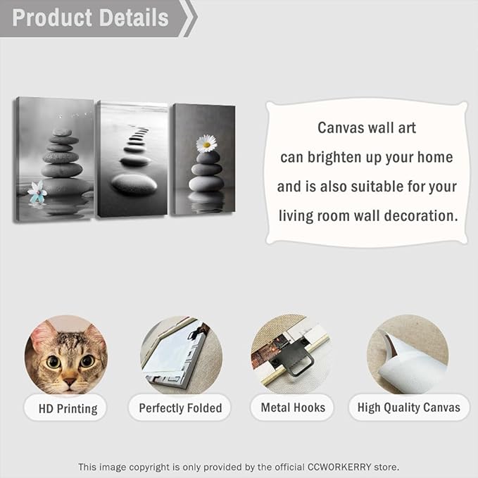 CCWORKERRY 3PCS Zen Stones Canvas Wall Art Black and White Zen Stone Painting Calming Meditation Wall Decor for Yoga Studio Office Spa Bathroom (gray,16W x24L x3)