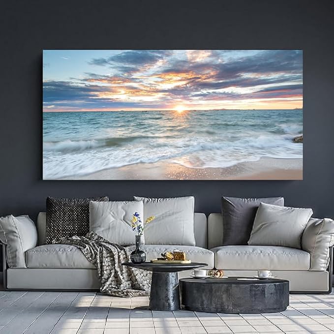 Yxbhhym-Large Canvas Wall Art Beach Artwork for Walls Coastal Wall Décor Seascape Prints Ocean Painting Sunset Picture Waves Sea Landscape Poster Bedroom Wall Art Living Room Office Decorations