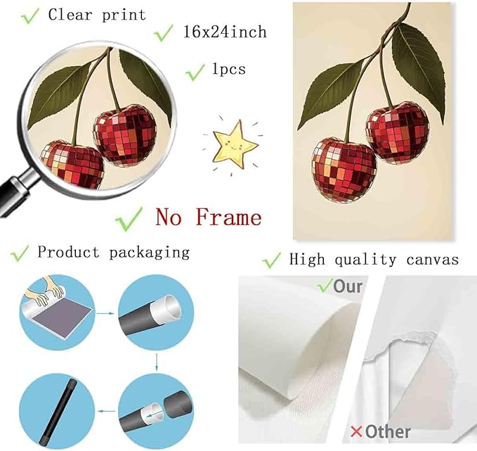 Disco Cherry Wall Art Disco Ball Picture Cherry Preppy Print Trendy Aesthetic Wall Art Preppy Aesthetic Pictures Red Picture Ball Funny Poster Dorm Girls Room Party Theme Bar Decor 16x24inch No Frame