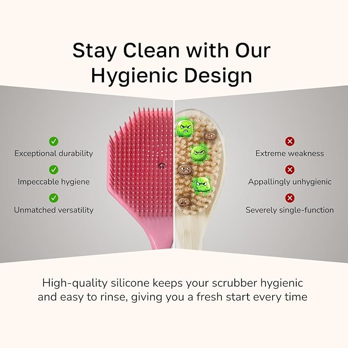 Silicone Back Scrubber with Long Handle - Octagon Body Brush for Shower, Bath, and Exfoliating - Skin Cleansing, Back Scrub and Gentle Silicone Sponge - Wash Your Body with Easy Reach - Rose