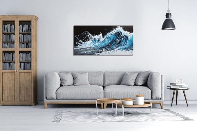ZESTRILIA Waves Wall Art Blue Sea Oil Painting Reproduction Print Modern Wave Abstract Canvas Paintings Waterproof Artwork Picture for Living Room Bedroom Home Office Kitchen Décor (23x46inch)
