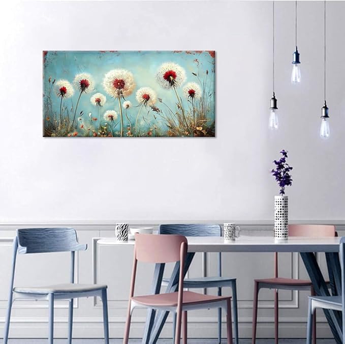 ZESTRILIA Dandelions Wall Art Retro Canvas Prints Modern Rustic Canvas Paintings Waterproof Artwork Landscape Picture for Country Farmhouse Living Room Bedroom Home Office Kitchen Décor (28x58inch)