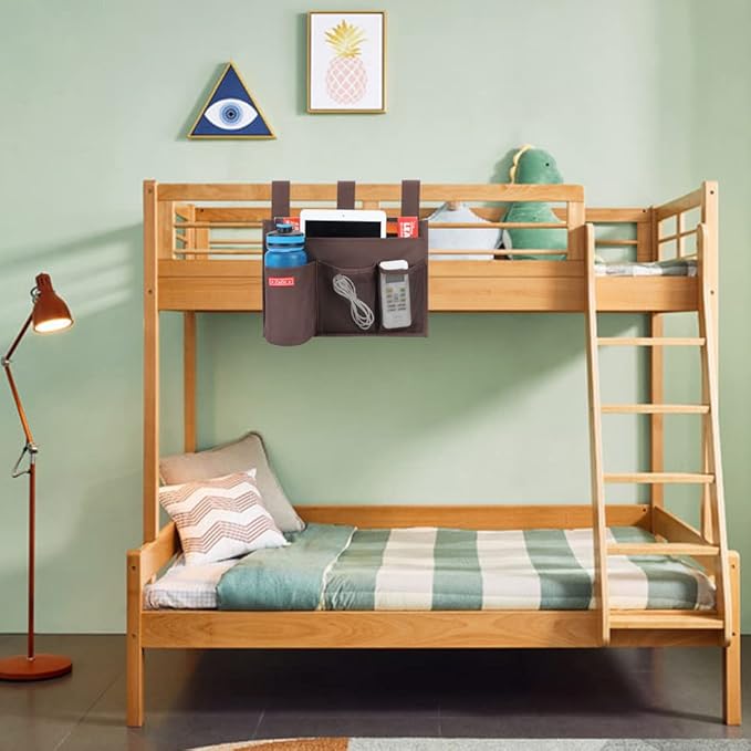 Hanging Bedside Caddy, Bedside Storage Organizer for Magazine, Phone, Remote control (4 Pockets-Coffee)