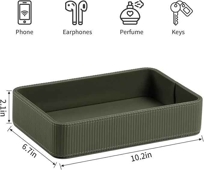 PU Leather Valet Tray Organizer, Modern Nightstand Organizer Bedside Desktop Storage for Womens and Men, Decorative Perfume Trinket Catchall Vanity Tray for Key Watch Wallet (Green)