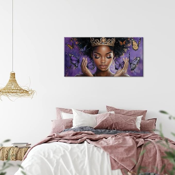 ZESTRILIA African American Wall Art for Girls Room Purple Black Butterfly Canvas Painting Prints Artwork Living Bedroom Office Decor Large (46x23 Inches)