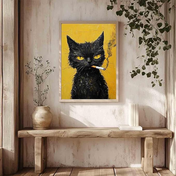 Black Cat Canvas Wall Art Smoking Cat Picture Abstract Animals Prints Vintage Cats Poster Retro Animal Prints Animal Portrait Painting Funny Cats Posters Funky Living Room Decor 16x24inch No Frame