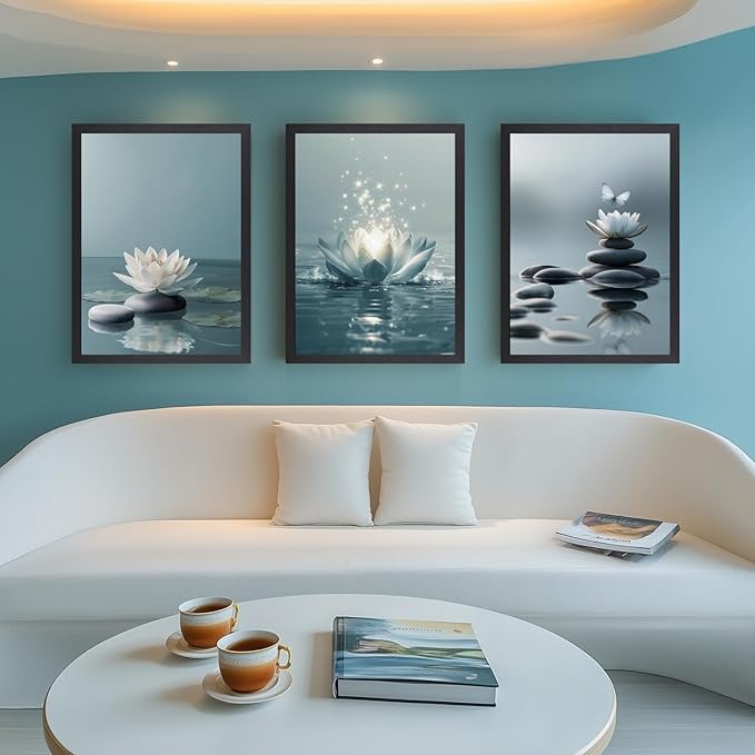 GELDSTEI Calm Zen Botanical Canvas Wall Art, White Lotus Blooming on Stones in Water Aesthetic Pictures, Yoga Spa Meditation Room Decor, Modern Spiritual Poster Prints for Zen Wood Framed 12"x16"x3