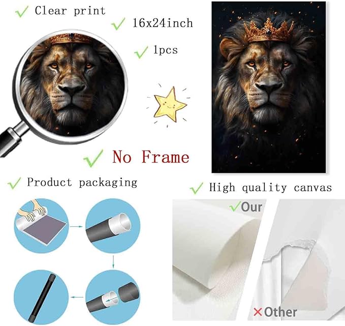 The Lion Of Judah Wall Art Lion King Canvas Jesus Christ Picture Christian Poster Gold Crown Wall Art Animal Portrait Prints Wild Animal Pictures Black And Gold Animal Print Decor 16x24inch No Frame
