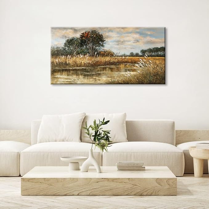 ZESTRILIA Wilderness Meadow Canvas Wall Art Wildflower Field Tree Oil Painting Reproduction Print Rustic Retro Vintage Artwork Landscape Picture for Country Farmhouse Living Room Bedroom (20x40inch)