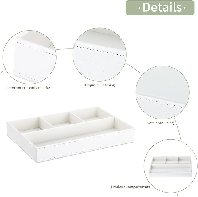 GORESE Faux Leather Valet Tray, Stackable Jewelry Trays for Dresser Table Drawer, Nightstand Organizer for Men Women, EDC Catch All Tray for Trinket, Key, Purse, Sunglass, Watch, Cologne, White
