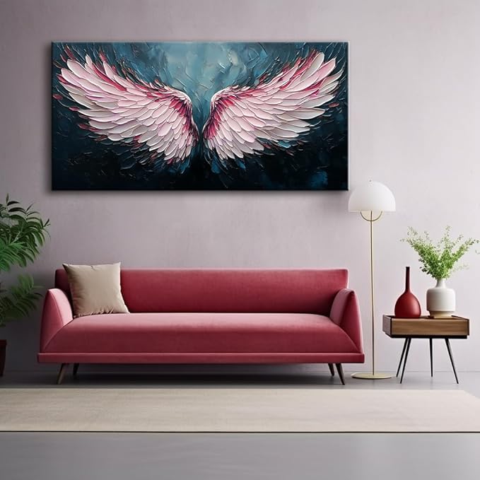 ZESTRILIA Angel Wings Wall Art for Girls Room Pink Navy Blue Canvas Oil Painting Prints Modern Abstract Fantasy Anime Artwork Living Bedroom Office Decor (30x16 Inches)