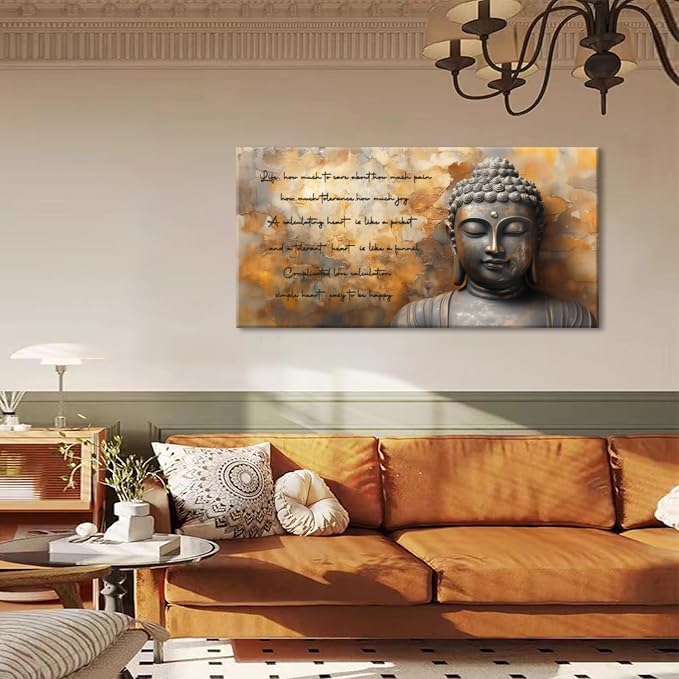 ZESTRILIA Zen Buddha Wall Art for Living Room Office Tan Brown Buda Life Quotes Canvas Painting Prints Calming Buddhist Artwork Family Bedroom Decor (40x20 Inches)