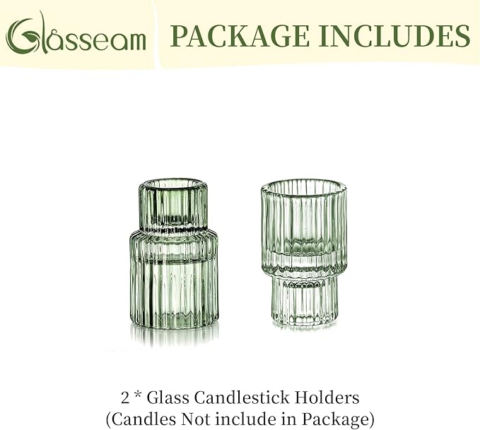 Glasseam Taper Glass Candlestick Holder: Green Candle Stick Holders Set of 2 Small Candle Holders for Candlesticks Vintage Crystal Tapered Candle Holder for Wedding Table Centerpiece Christmas Advent