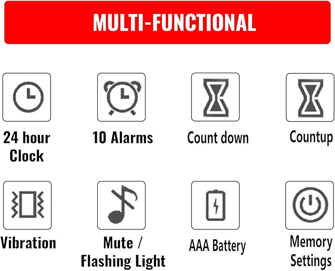 Digital Multifunction Timer with Clock, 10 Preset Alarms, Countup & Countdown, Memory Settings, White