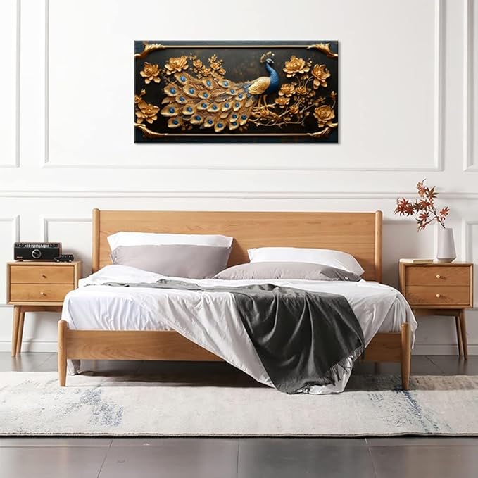 ZESTRILIA Pretty Peacock Wall Art for Living Room Office Gold Country Rustic Retro Asian Canvas Painting Prints Golden Vintage Elegant Peackock Artwork Dining Bedroom Decor (40x20 Inches)