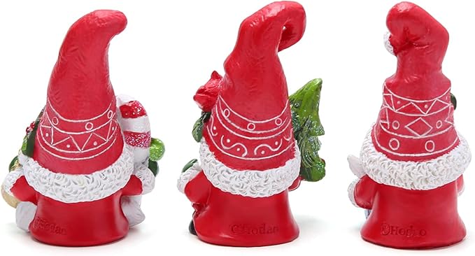 Hodao Christmas Gnome Decorations Set of 3 - Hand-Painted Resin Santa Gnomes with Candy Cane, Christmas Tree & Gift Box, Holiday Home Decor for Tiered Tray, Mantel, Tabletop, Windowsill