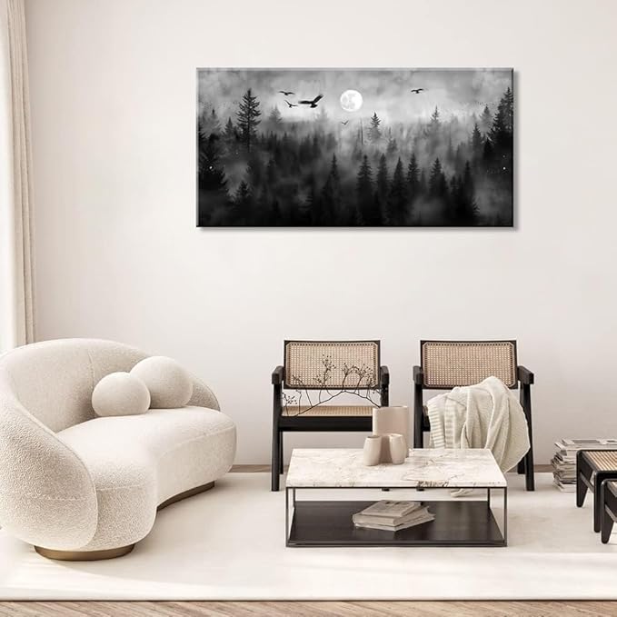 ZESTRILIA Forest Wall Art Black & White Moon Night Retro Canvas Prints Modern Rustic Paintings Nordic Artwork Landscape Picture for Country Farmhouse Living Room Bedroom Home Office Décor (20x40inch)