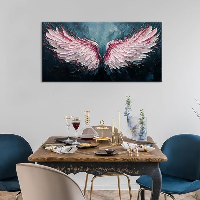 ZESTRILIA Angel Wings Wall Art for Girls Room Pink Navy Blue Canvas Oil Painting Prints Modern Abstract Fantasy Anime Artwork Living Bedroom Office Decor (40x20 Inches)