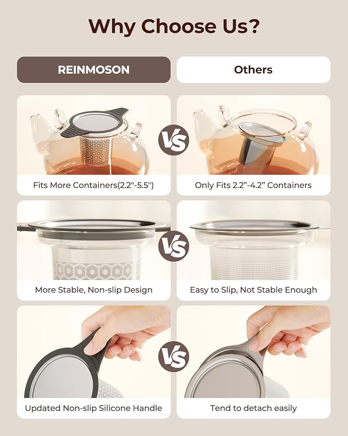 Reinmoson 2 Pack Extra Fine Mesh Tea Strainers for Loose Tea Single Cup, 304 Stainless Steel and Food Grade Silicone Loose Leaf Tea Steeper Tea Strainers & Filters for Black Tea, Coffee, Rooibos, etc