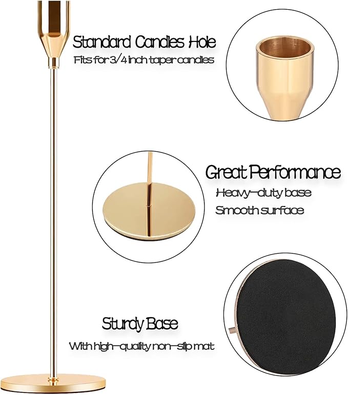 Gold Taper Candle Holder Set of 6, Brass Gold Tall Candlestick Holders, Metal Vintage Candle Stickers Long Holder Set, Pillar Decorative Candle Holder Fits 3/4 Inch Candle