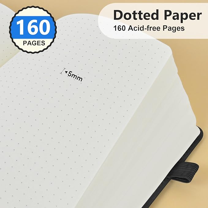 Dotted Journal Notebook for Men & Women, 160 Pages Dot Grid notebook for Note Taking, Bullet Journaling Notebook for Work, School, Travel, Writing, A5 Hardcover 5.9" x 8.5"(Black)