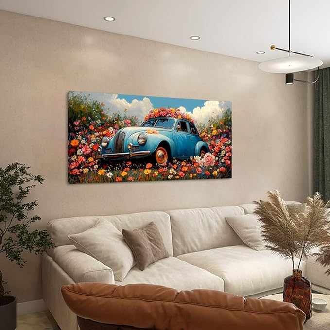ZESTRILIA Car Wall Art Flower Canvas Paintings Old Shabby Garden Floral Artwork Rustic Landscape Picture for Country Farmhouse Living Room Bedroom Home Office Kitchen Décor (23x46inch)