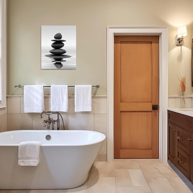 LZIMU Black and White Zen Wall Art Stones in Water Pictures Print on Canvas for Bathroom Yoga Meditation Spa Room Living Room Bedroom Wall Decorations Framed (Zen-1, 12"x18" (30x45cm))