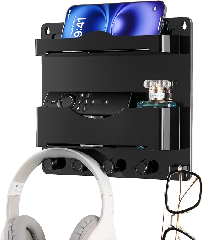 JUMEIHUI Bedside Wall Shelf with Glasses Hooks ,Adhesive Bedside Organizer Wall Mount for Dorm and Room Accessories Phone,Remote,Earphone, Kindle (Black)