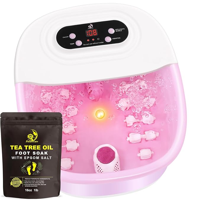 Foot Spa Bath Massager with Heat Bubbles and Vibration Massage and Jets, 16 OZ Tea Tree Oil Foot Soak Epsom Salt, Foot Soaker with Red Light, 22 Massage Rollers, Adjustable Temp - Pink
