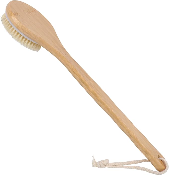 OWIIZI Back Scrubber Brush for Shower, Round Head Bristle Body Large Area Deep Cleanse Bath Brushes, Bamboo Long Handle Skin Exfoliator for Men Women Elders Wet or Dry Use