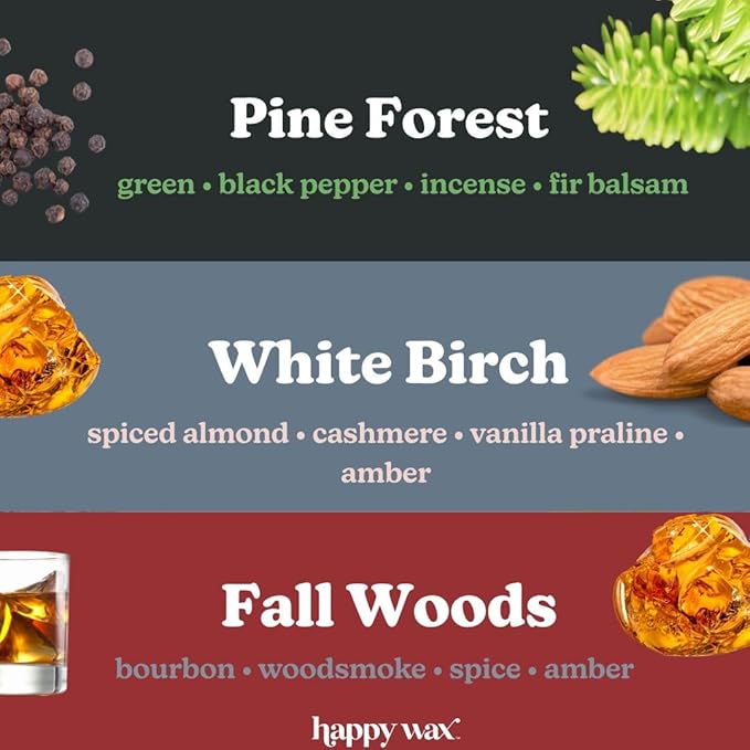 Happy Wax Fall Woods Mix Premium Scented Natural, Non Toxic Soy Wax Melts – 6 Total Oz. of Scented Wax Melts. Includes: White Birch, Fall Woods and Pine Forest.