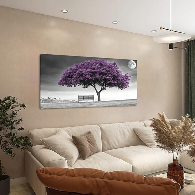 ZESTRILIA Country Purple Tree Wall Art for Living Room Office Violet Gray Moon Canvas Painting Prints Artwork Dining Bedroom Decor Extra Large (58x28 Inches)