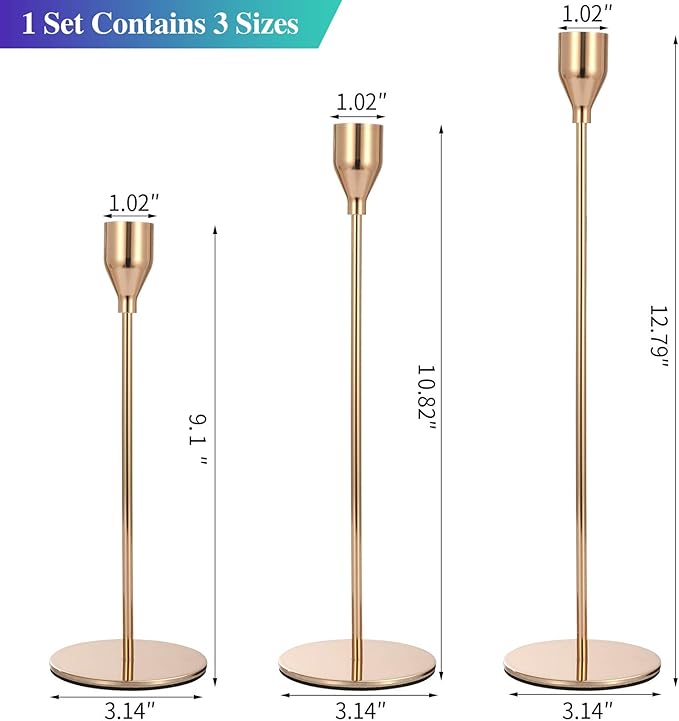 Set of 3 Pink Gold Candlestick Holders Pink Gold Candle Holder Taper Candle Holders Candle Holders Decorative Candlestick Holder for Home Decor, Wedding, Dinning, Party, Anniversary (Gold)