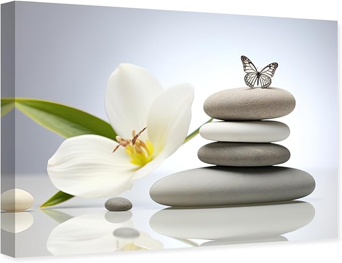 ARTZGX Zen Canvas Wall Art Spa Stones Picture Print Flower and Butterfly Painting Meditation Artwork Bathroom Yoga Decor Frame(Zen Flower - C 24.00" x 36.00")