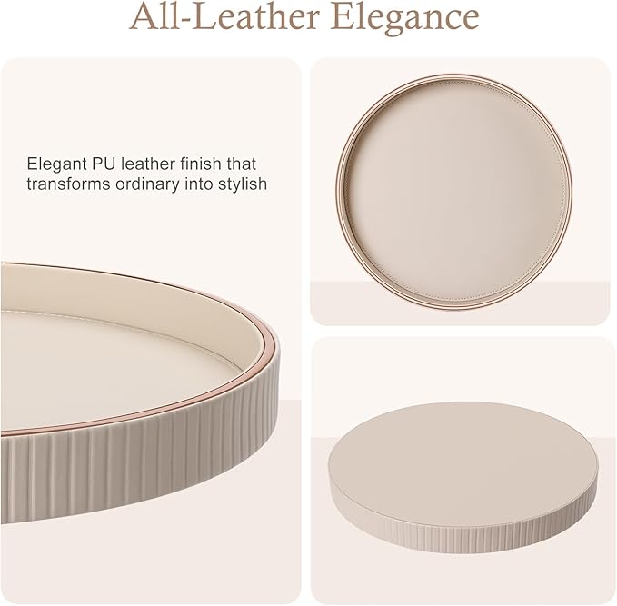 GORESE Round Decorative Tray for Coffee Table Decor, 12" PU Leather Serving tray Table Centerpiece Home Decor, Desk Valet Tray for Trinket Jewelry Perfume Key, Ottoman Tray Nightstand Organizer, Biege