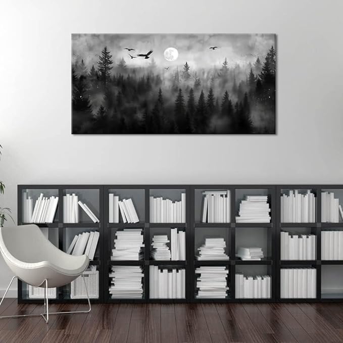 ZESTRILIA Forest Wall Art Black & White Moon Night Retro Canvas Prints Modern Rustic Paintings Nordic Artwork Landscape Picture for Country Farmhouse Living Room Bedroom Home Office Décor (28x58inch)