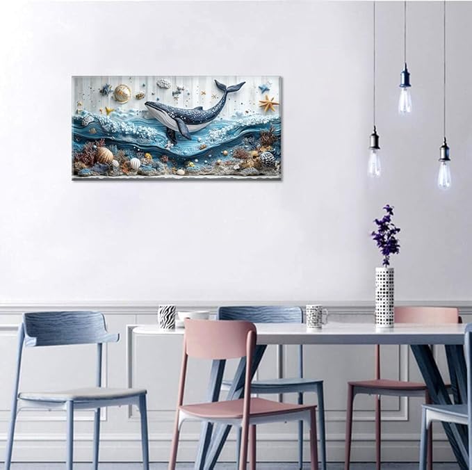 ZESTRILIA Ocean Whale Wall Art for Kids Room Navy Blue Marine Organism Underwater World under the Sea Canvas Painting Prints Artwork Family Living Bedroom Decor (40x20 Inches)