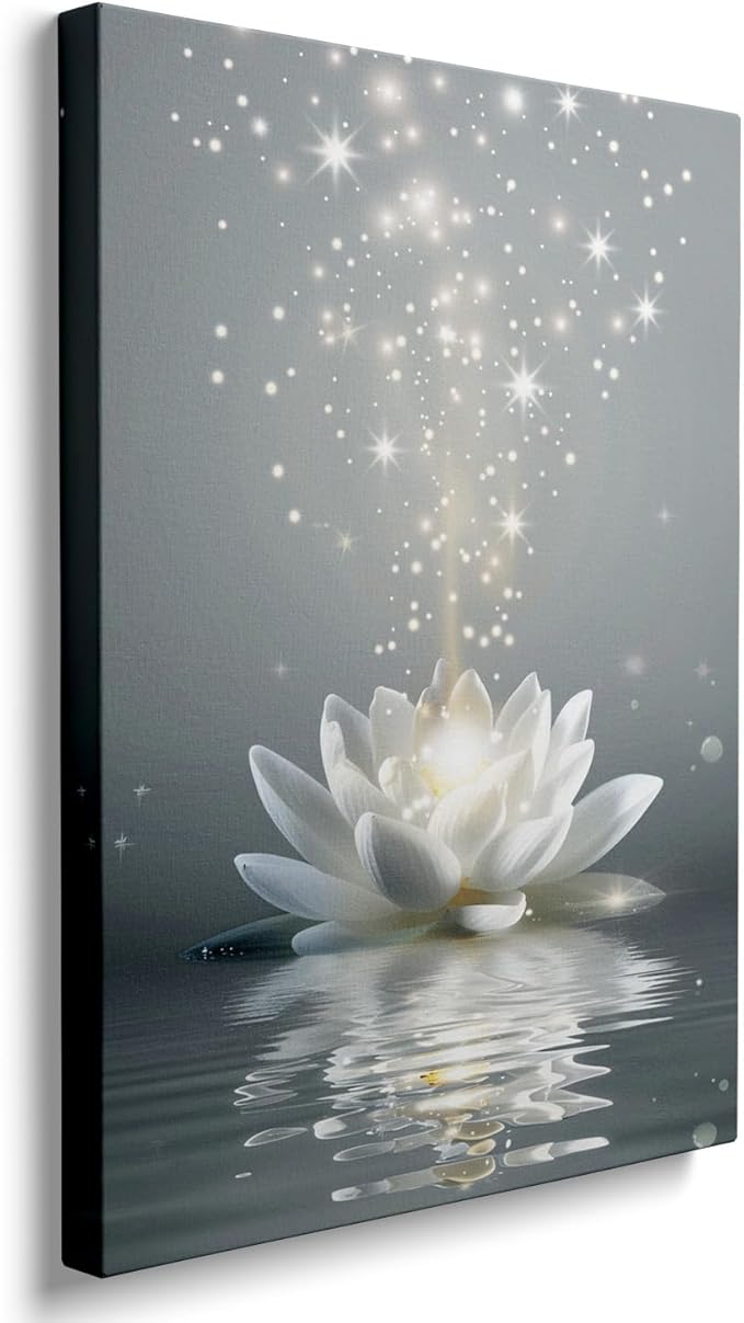 Ypxzzj Framed White Lotus Flower Wall Art for Living Room, Zen Canvas Wall Art for Yoga Bedroom,Meditation Spiritual Wall Decor Print for Bathroom Study Room Ready to Hang(16''x24'')