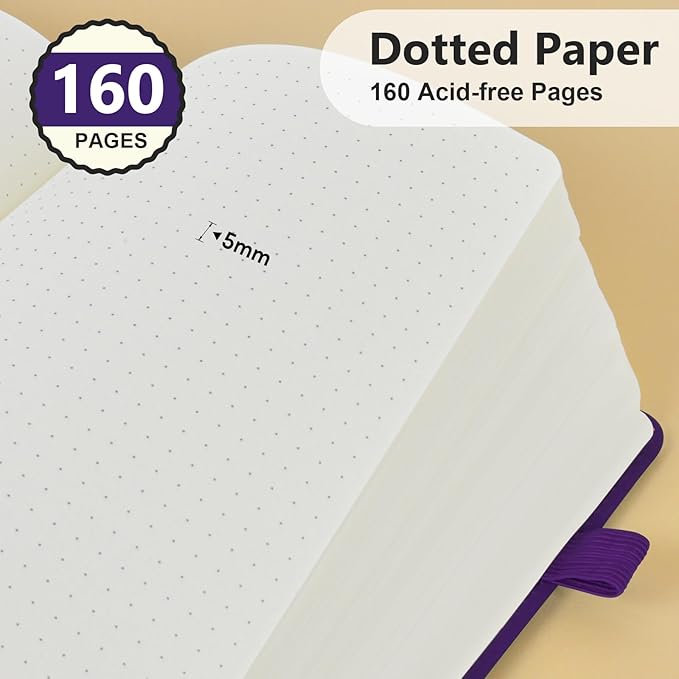 Dotted Journal Notebook for Men & Women, 160 Pages Dot Grid notebook for Note Taking, Bullet Journaling Notebook for Work, School, Travel, Writing, A5 Hardcover 5.9" x 8.5"(Purple)