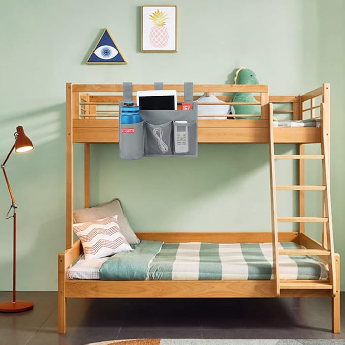 Hanging Bedside Caddy, Bedside Storage Organizer for Magazine, Phone, Remote control (4 Pockets-Grey)